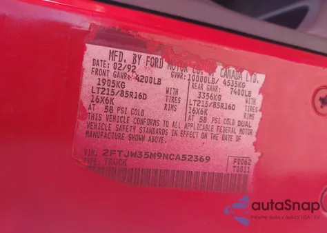 1992 Ford F350 из США, поврежденный, VIN 2FTJW35M9NCA52369